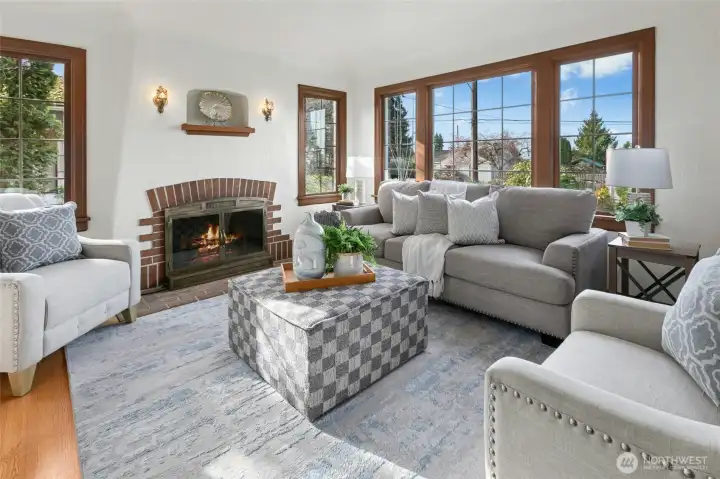 So much natural light floods in through large windows.