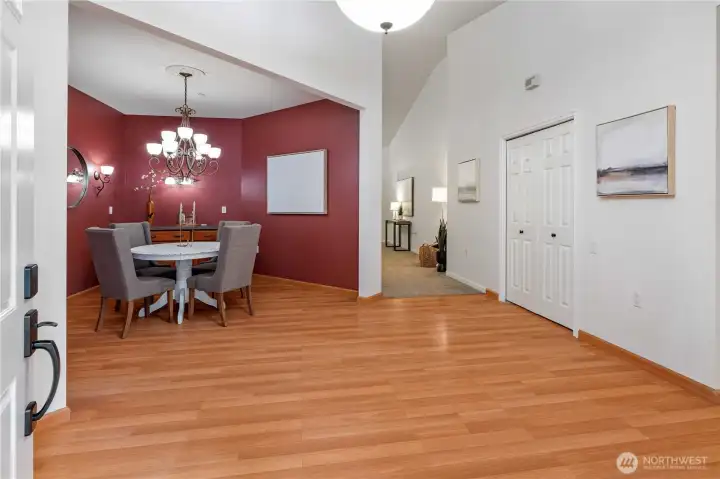 Enter to hardwood floors and a great room dining-kitchen area