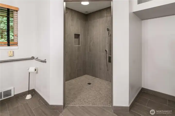 Newly tiled roll-in shower