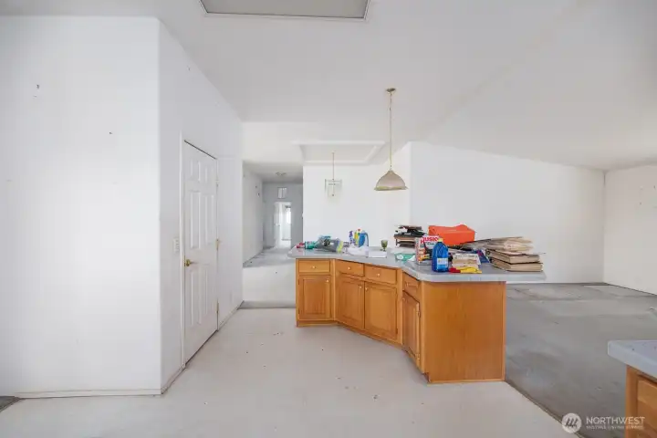 Open kitchen and into family room and dining room