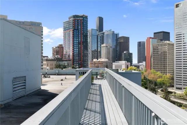Sunny rooftop deck provides stunning city views