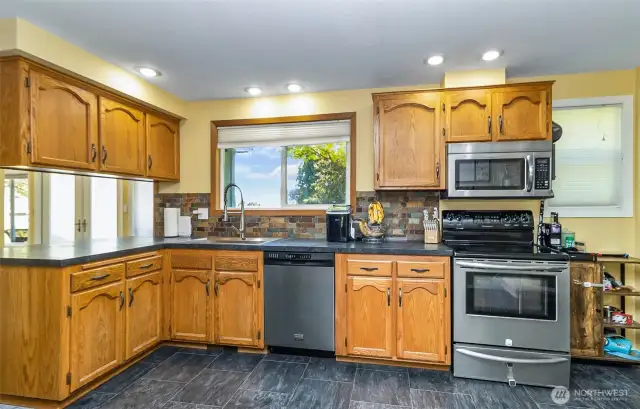 Alternate Shot of the Kitchen~Earthy Tile Backsplash~Double Deep Farmstyle Basin Sink~