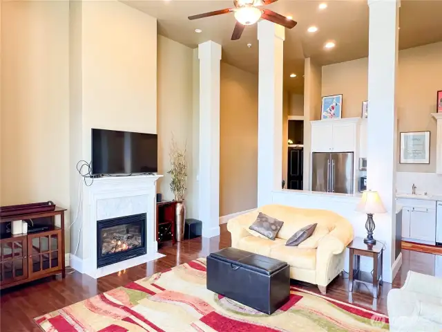 Propane fireplace provides warmth and ambience.