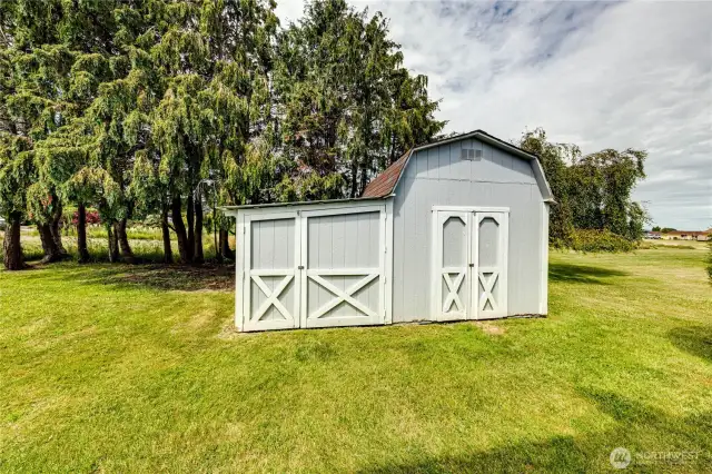 Storage sheds with shelving.