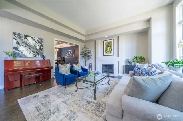 Living room with high ceilings, gas fireplace, and lots of natural light.  The acoustics are great for music too!