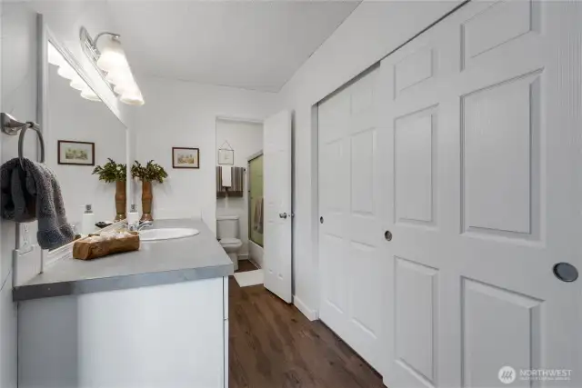 Large Vanity in the Primary Bath along with a large closet, there are 3 sliding doors on the closet!