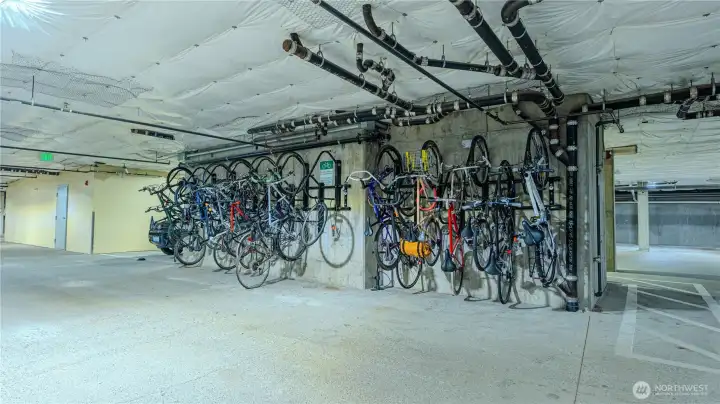 Designated storage in the parking garage for bikes and extra belongings.