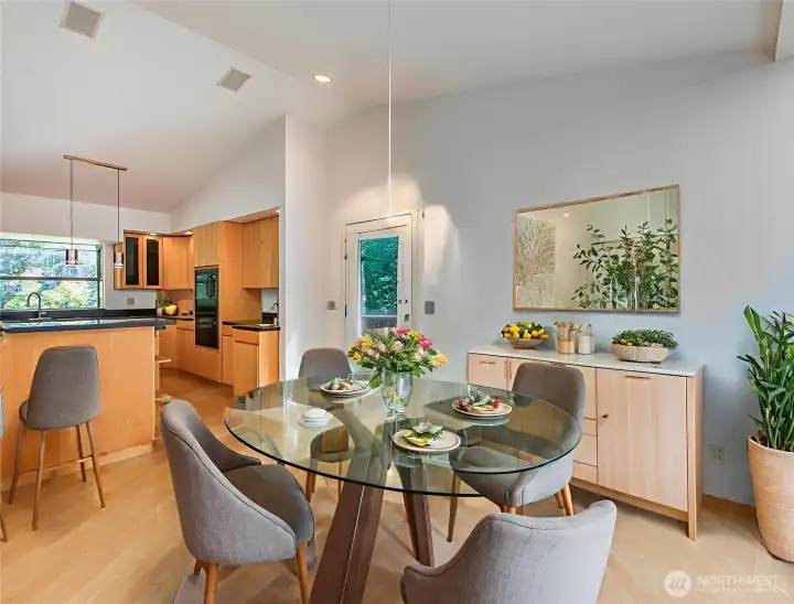Or, the eating area could be this thanks to virtual staging! Glass door goes to the south deck