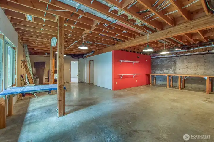 Large shop space on the lower floor for equipment, hobbies or storage
