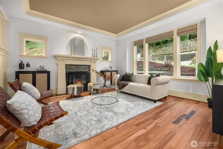 A living room with a fireplace