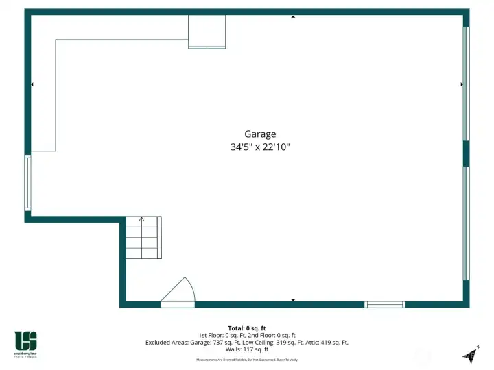 Huge two-car garage with extended workshop space on the main floor and an estimated 419 sq ft of solid storage space above, easily accessed by stairs.