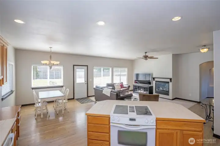 Great view into the family room and dining area, enhancing the open-concept living experience.