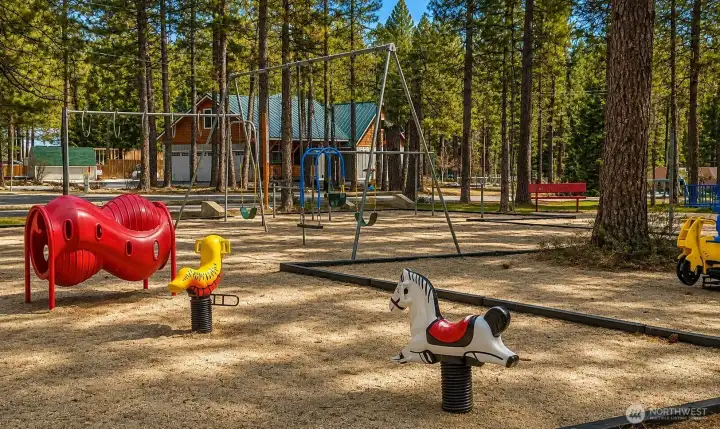 Community playground area provides a fun and family-friendly amenity within the Ponderosa Community Club, surrounded by beautiful forest scenery and designed for all-ages outdoor enjoyment.