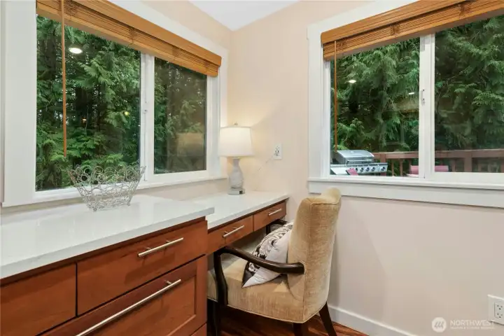 Built-in desk overlooking the lake.