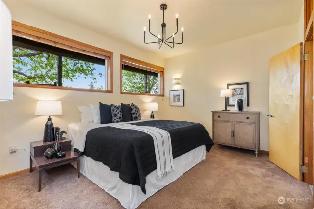 Generous king size primary w/ 11' high ceiling on lower level.