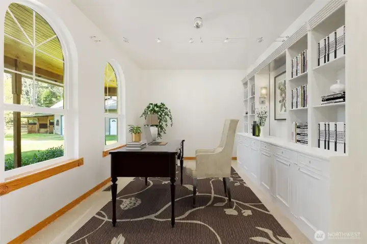 Virtually staged. shelving is not included, see next pic for actual layout. Co  uld be used as formal dining or a study.