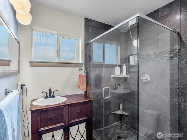 Hall Bath - Classy custom vanity  and shower !