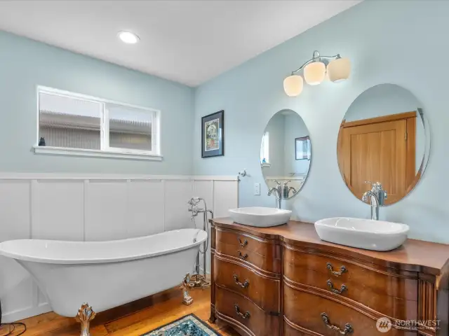 Primary ensuite bathroom, roll top tub and custom double vanity