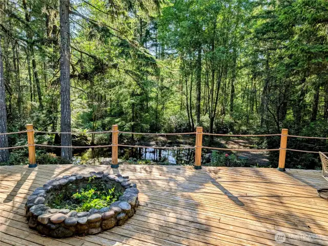 Fire pit on the deck overlooking the pond.