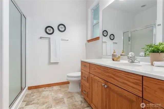 Primary bath has walk-in shower