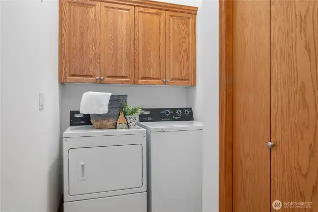 Deep laundry room has lots of storage