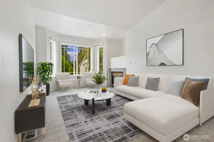 Virtually staged living room.  Nice bay window.