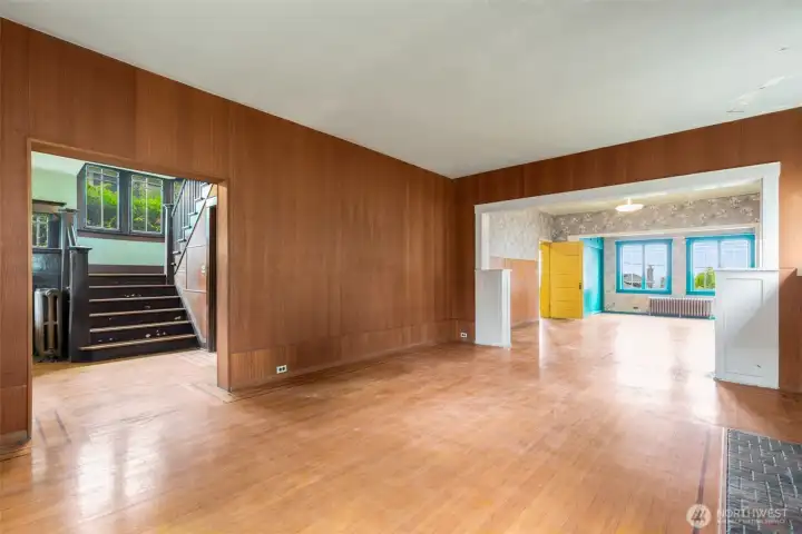 High ceilings and main floor is mostly hardwood.