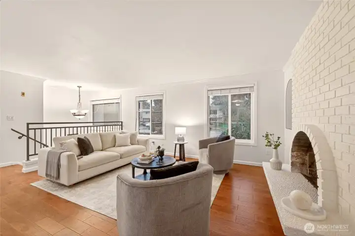 Living room with cozy wood burning fireplace