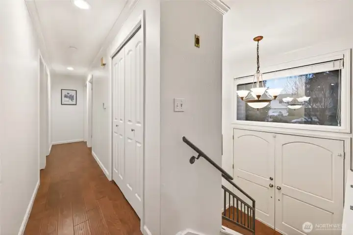 Upstairs hallway with engineered hardwood floors