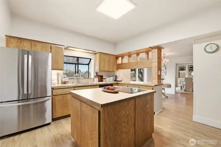 Stainless appliances in the large kitchen.