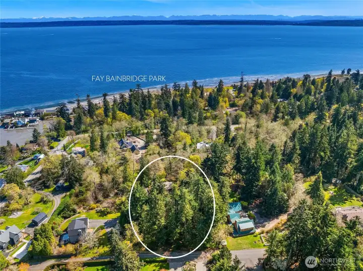 View from above looking east toward Fay Bainbridge Park and the Puget Sound (property outline is approximate)