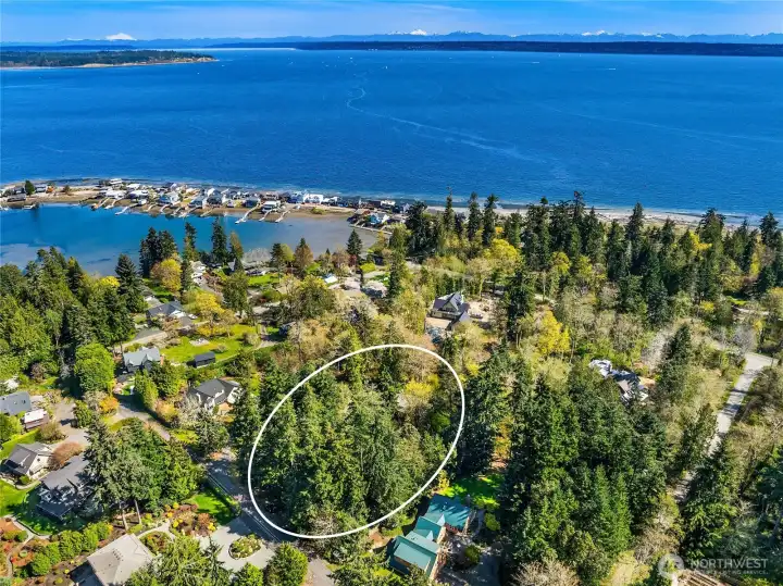 View from above showing the Point Monroe lagoon with Puget Sound and Mt. Baker in the distance (property outline is approximate)