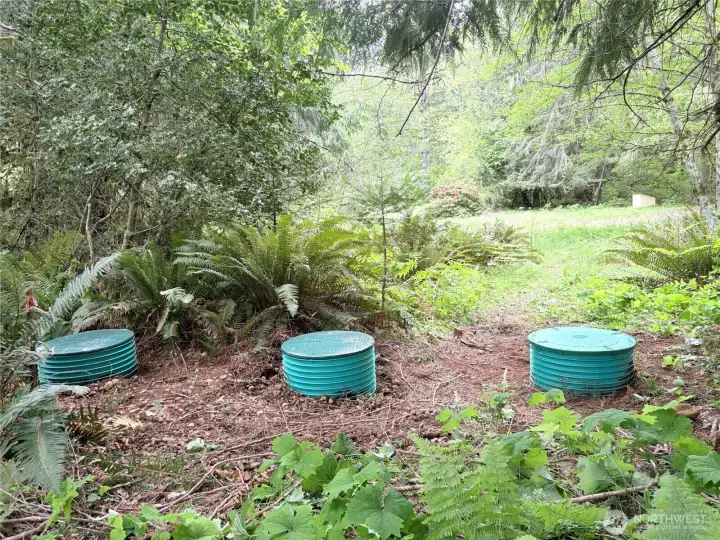 Gravity septic system with risers to grade on the septic tank and D-box.