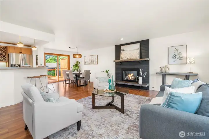 From the living room to the open kitchen & dining room.