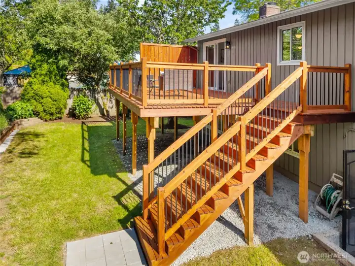 Solidly built deck with easy access to the backyard.