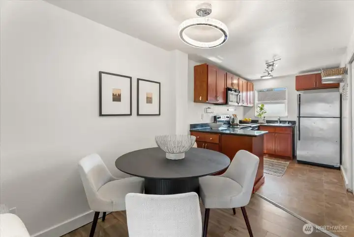 Dining space and kitchen.