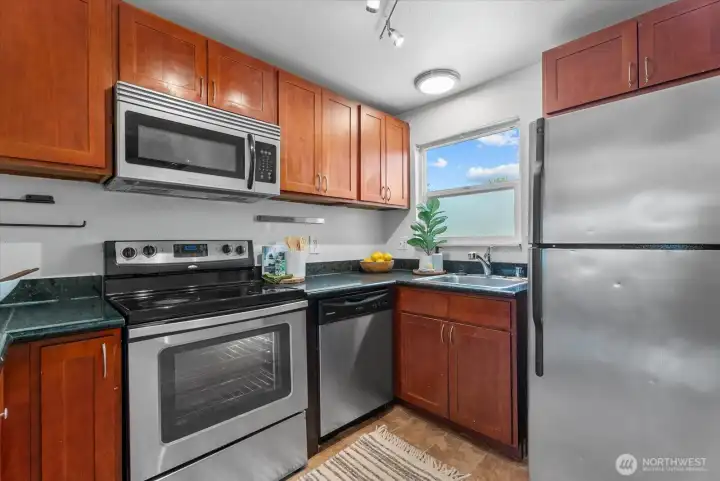 Kitchen with stainless appliances.