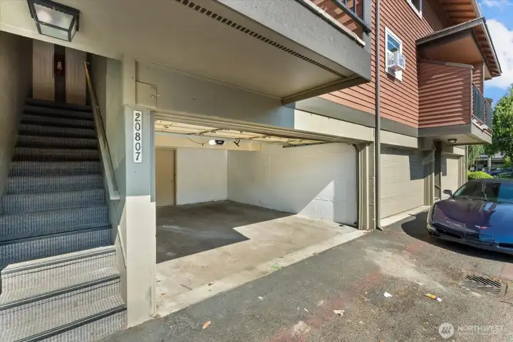 Private, 2 car garage.  Stairs leading to unit.