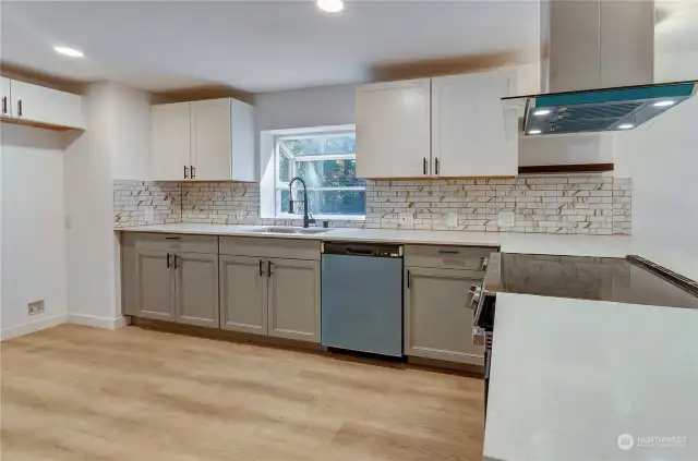 Another kitchen view with electric ss stove hood and dishwasher ready to use with room for large refridgerator to match