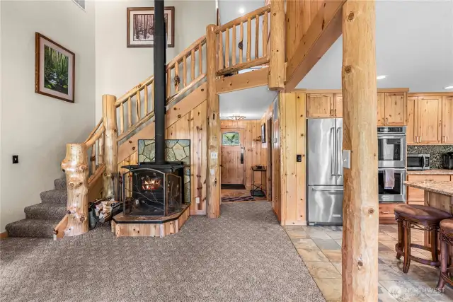 Real burning stove, Pine accents throughout