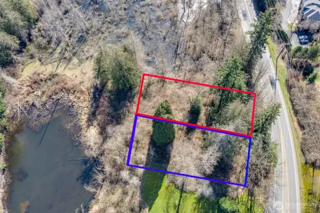Parcel B and Parcel A. lot lines are estimated.  Property corners are marked with Blue Ribbons at the corners,