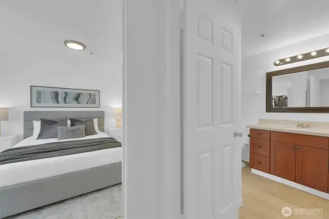 Relax & unwind in a light-filled, stylish living space with stunning high ceilings.