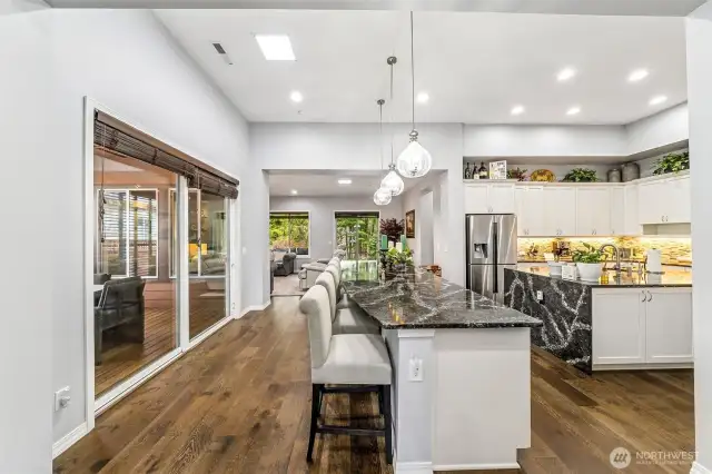 View as you enter to the home with it's stunning kitchen with waterfall countertop, tons of natural light and two covered decks!