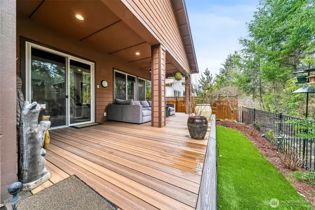 Lovely deck off the back with pet friendly turf and fencing.