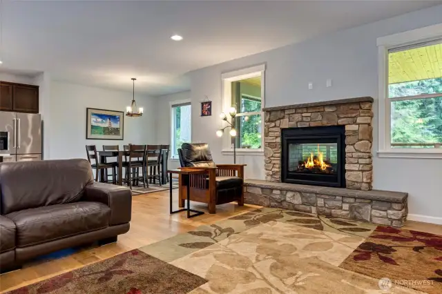 Two-sided gas fireplace with blower on thermostat