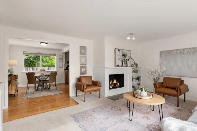 Inviting living room with a classic wood-burning fireplace