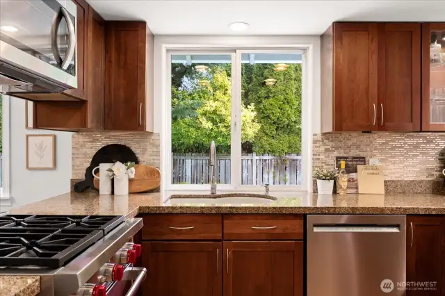 Enjoy a clear view of the pool right from your kitchen window