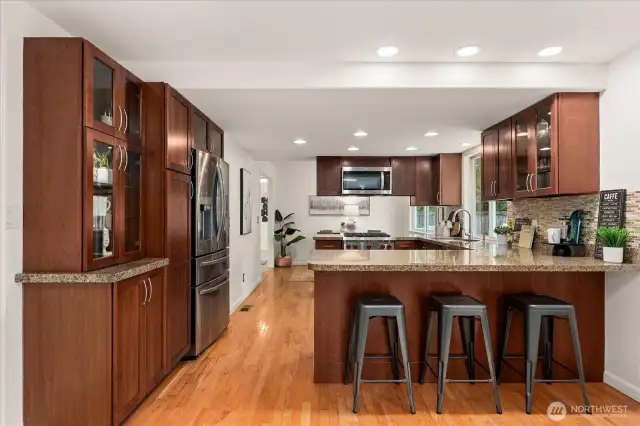 Bar seating at the kitchen makes hosting effortless