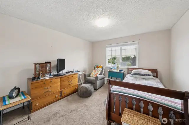 Upper level bedroom with views of the Sound and Cascades in the distance.