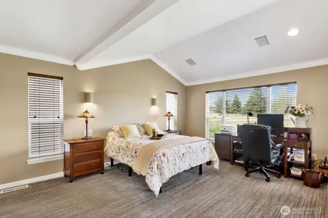 The primary suite features vaulted ceilings and abundant windows that bring in light & feature the stunning west views from the home. From here, private access to the backyard porch.